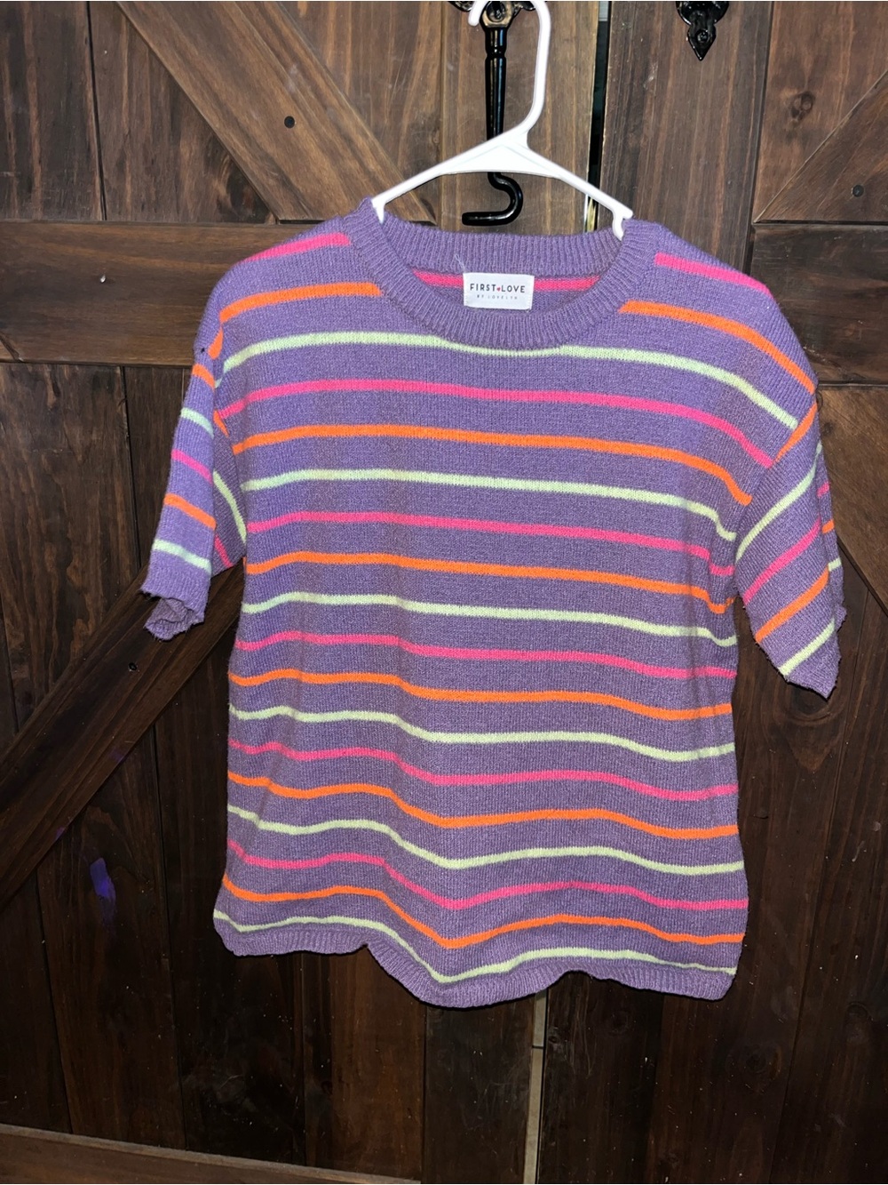 First Love by Lovelyn Purple Striped Short Sleeve Sweater